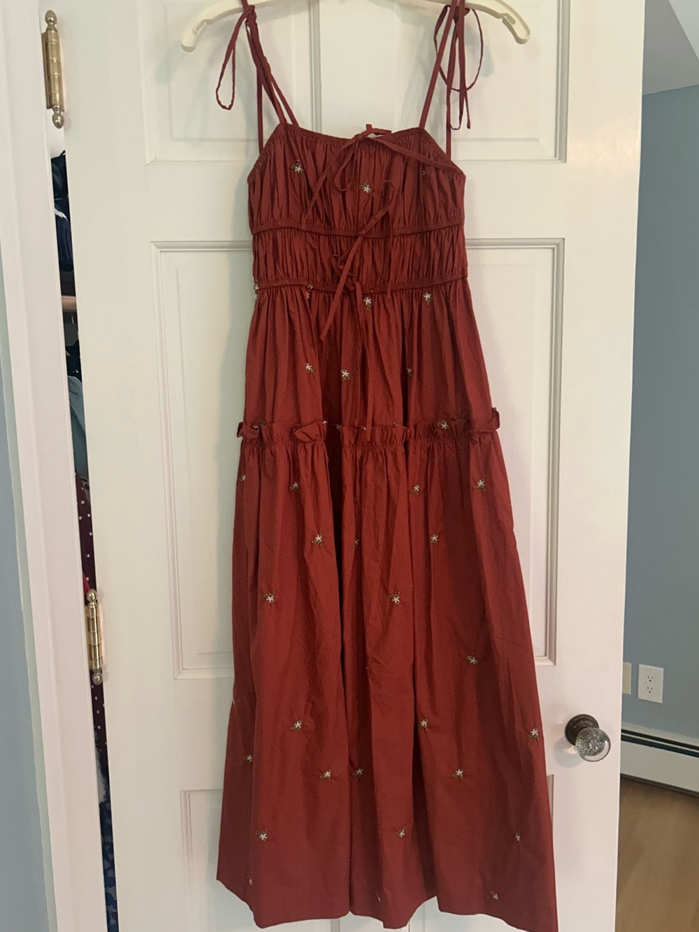 En Saison Rust Embroidered Tiered Midi Dress